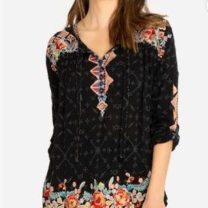 Johnny Was Embroidered Gina Long Sleeve Blouse Tunic Black M